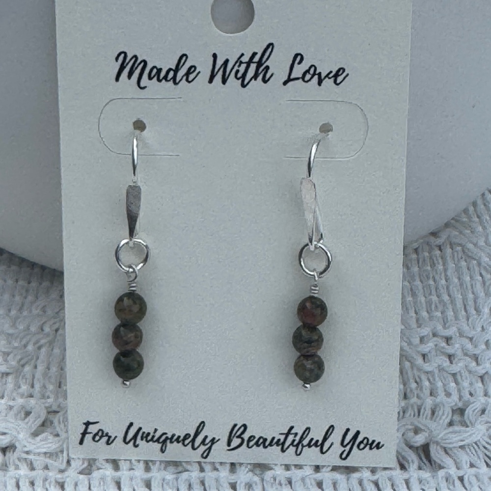 Unakite Green & Pink Sterling Silver Dangle Earrings